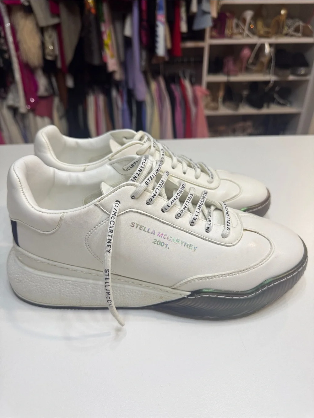 Stella McCartney White Sneakers with Black Logo Laces and Green Accent